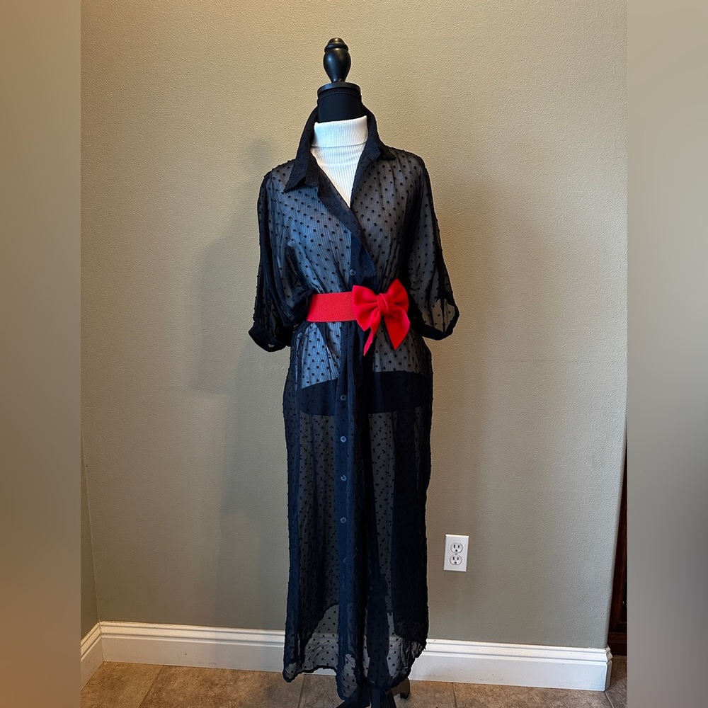 Zeagoo Sheer Black Dotted Long Duster XL | Mesh Button-Down Cover-Up